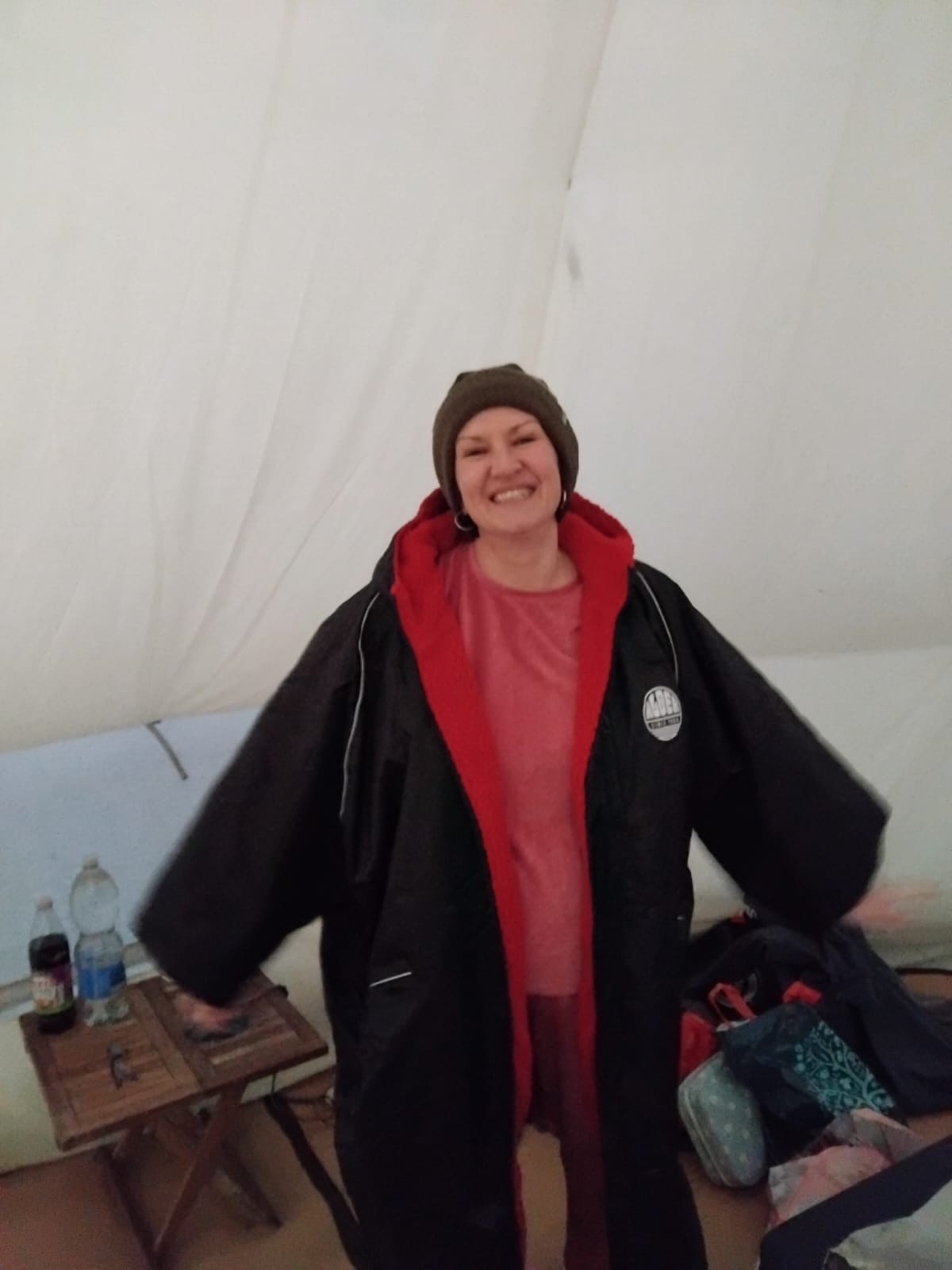 Emma wrapped up warm in a Hike2Heal dryrobe after the sauna